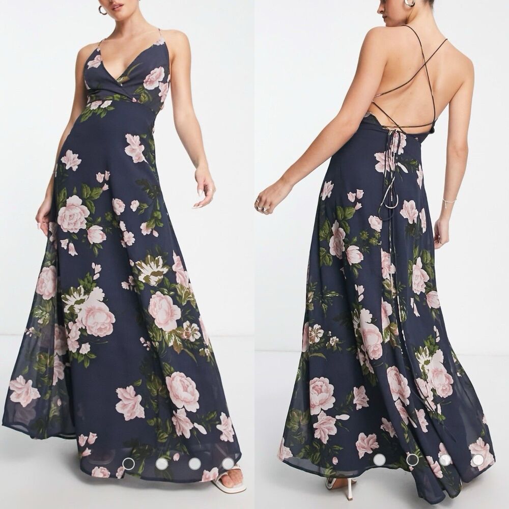ASOS DESIGN Floral Cami Wrap Maxi Dress Strappy Back NWT Size 10 Navy Flowy